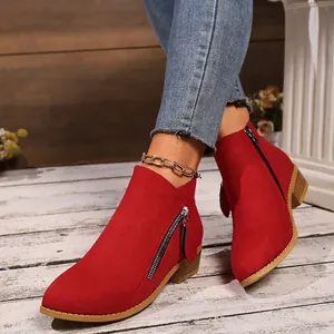 Chic red suede pointed-toe ankle boots for women featuring a stylish side zipper design