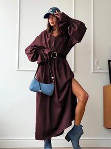 Elegant French style burgundy long sleeve linen maxi dress with V-neck and high side slit