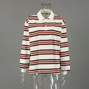 Retro striped long sleeve knit polo shirt for women in a classic vintage autumn style.