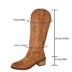 Vintage brown suede embroidered western boots with specific height measurements