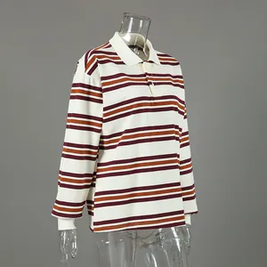 Detailed view of a vintage striped long sleeve polo shirt on a clear mannequin.