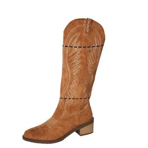 Classic brown embroidered cowboy boots with chunky heel and stylish V-mouth design