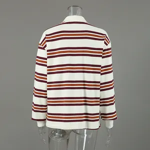 Detailed back view of a retro contrast striped long-sleeve knit polo shirt for women