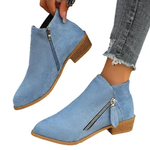 Fashionable blue suede pointy toe ankle boots with chunky low heel and side zipper