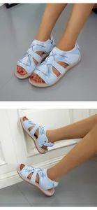 Side view of light blue breathable casual flat sandals for women with Velcro straps