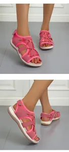 Close-up detail of women's pink breathable flat casual sandals with elastic laces