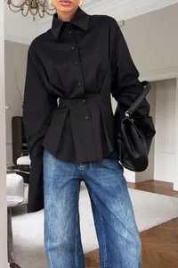 Elegant black pleated waist-cinching long-sleeve shirt with classic lapel collar.