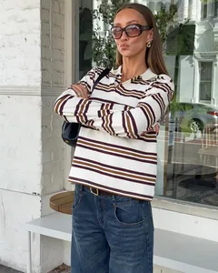 Retro color-block striped long-sleeve knit polo shirt for women in autumn style