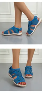 Close-up of blue breathable flat beach sandals for women from multiple angles.