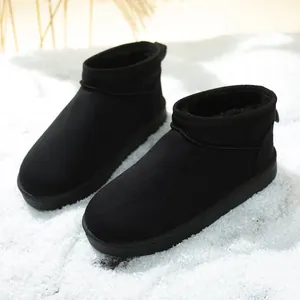 Close-up of black fleece-lined winter snow boots for women on a snowy background