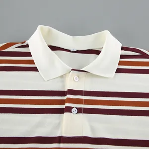 Detail view of a retro striped polo neck knit shirt showing the collar and buttons