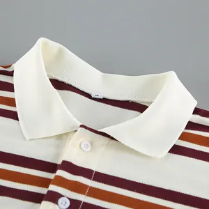 Detailed close-up view of a retro striped knit polo shirt collar with button details