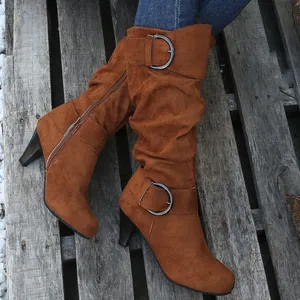 Slouchy brown suede-like high boots with kitten heels and adjustable buckle straps