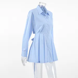 Side view of a light blue long-sleeve cotton pleated shirt with waist tie design