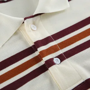 Close-up of retro striped polo shirt collar showing knitted texture and buttons.