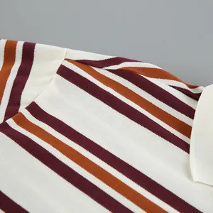 Close-up macro detail showing the fabric texture of a retro striped knit polo shirt
