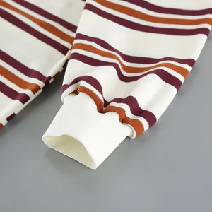 Detail showing ribbed cuff and retro striped knit fabric of a long sleeve shirt