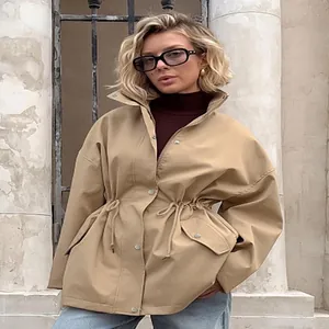Trench-Coat Mi-Long pour Femme Style Barn Décontracté Taille à Cordon Coupe-Vent Kaki Vêtement d'Extérieur à Capuche Veste à Manches Longues