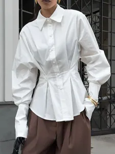 Court Style Cotton Shirt Women Pleated Waist Slim Fit Long Sleeve Lapel Blouse Elegant Vintage Top