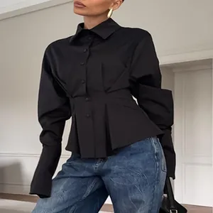 Elegant black pleated waist shirt with long sleeves and lapel collar for women fashion