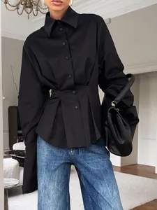Elegant black long sleeve cotton shirt with pleated waist and lapel collar for women