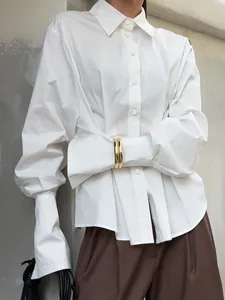 Elegant white cotton long sleeve shirt with pleated waist and lapel collar for women