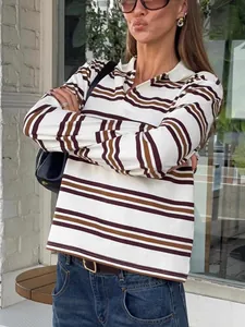 Vintage striped long-sleeve knit polo shirt for women in elegant autumn casual style