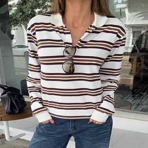 Women's retro color-block striped knitted polo shirt, slim fit long-sleeve top for autumn fashion