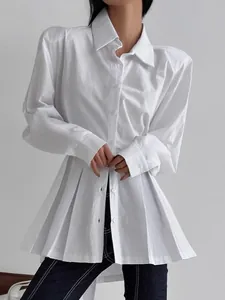 Elegant white long-sleeve cotton shirt with a unique pleated hem design for women