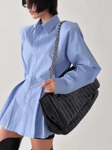 Elegant light blue long sleeve pure cotton shirt for women with a chic commuter design