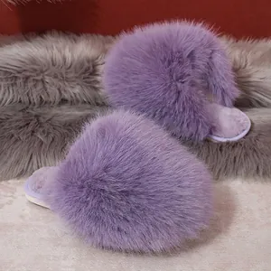 Luxury fluffy purple faux fur slippers for women, perfect for cozy winter indoor warmth.