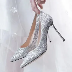 Women's Pointed Toe Sequin High Heels Stiletto Shallow Mouth Pumps PU Rubber Sole Sexy Party Banquet Shoes