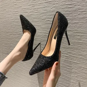Elegant black sequined pointed-toe stiletto high heels for women for party and club