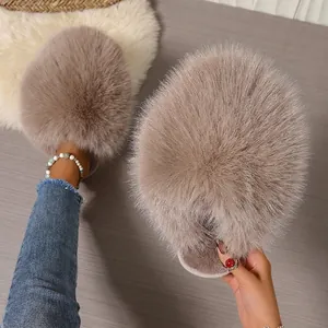 Elegant fluffy faux fur slippers for women cozy warm flat-sole winter home shoes