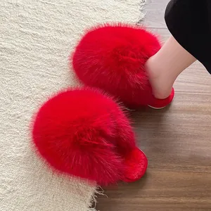 Luxurious red fluffy faux fur slippers for women, elegant cozy winter house shoes