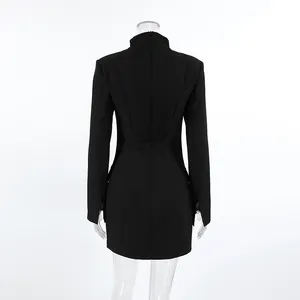 Detailed back view of a slim fit black blazer dress featuring a stand collar and long sleeves