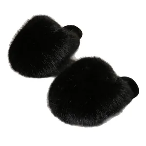 Premium soft black fluffy faux fur slippers for women, cozy autumn winter flat slides.