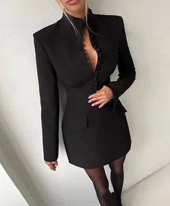 Elegant black long-sleeve blazer dress featuring a chic stand collar and decorative buttons