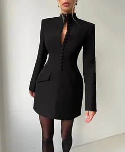 Elegant black long-sleeve blazer dress with stand collar and slim fit waist design.