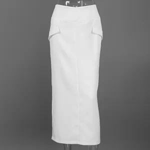 Elegant high-waisted white maxi skirt featuring decorative hip flap pockets