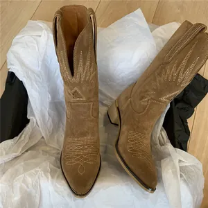 Close-up detail of vintage brown suede Western cowboy boots with intricate embroidery