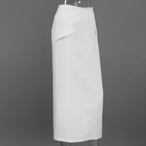 Side view of white high-waisted straight long skirt with decorative flap pocket