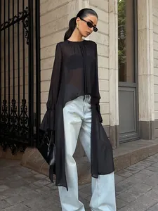 Dames Zwarte Mesh Chiffon Blouse Elegant Onregelmatige Zoom Ruffle Lange Mouwen Top Ronde Hals Sheer Patchwork Blouse