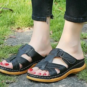 Sandales Compensées Décontractées pour Femmes Sandales à Bout Ouvert Ajourées Mules Style Romain Avec Fermeture Velcro pour Vacances