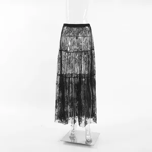 Detailed front view of a black sheer floral lace high waist maxi skirt on a mannequin