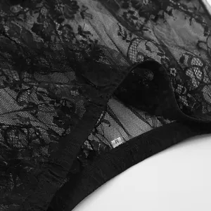 Detailed view of the black floral lace texture and size tag on a high-waist sheer skirt