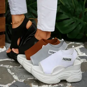 Dames Flyknit Plateau Sandalen Mode Letter Patch Sleehak Ademende Muffin Schoenen Dikke Zool Zomer Casual Schoeisel