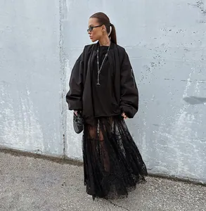 Full styling of a sexy black sheer lace high-waist maxi skirt for fashionable women