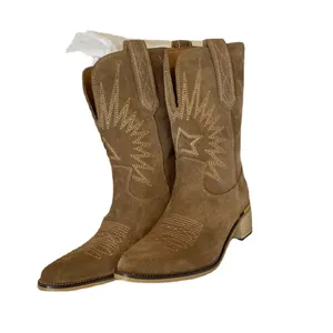 Vintage embroidered brown suede Western cowboy boots for women with V-cut and block heels