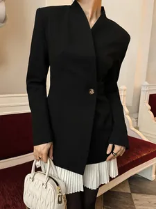 Blazer Mi-long pour Femme Rétro Américain Patchwork Couleur Contrastée Col en V Ourlet Plissé Faux Deux Pièces